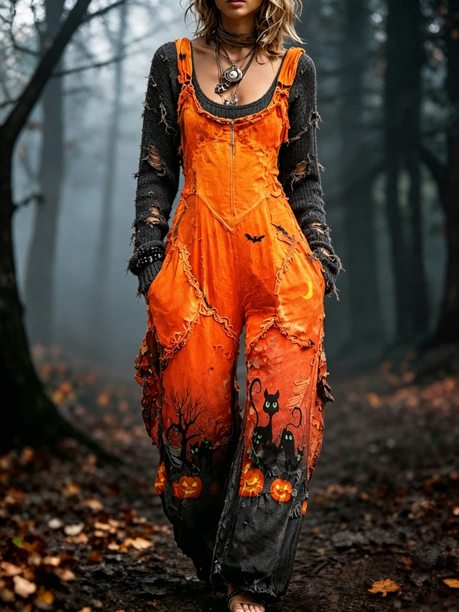 Women's Retro Autumn Style Art Print Washed Cotton Denim Patchwork Jumpsuit